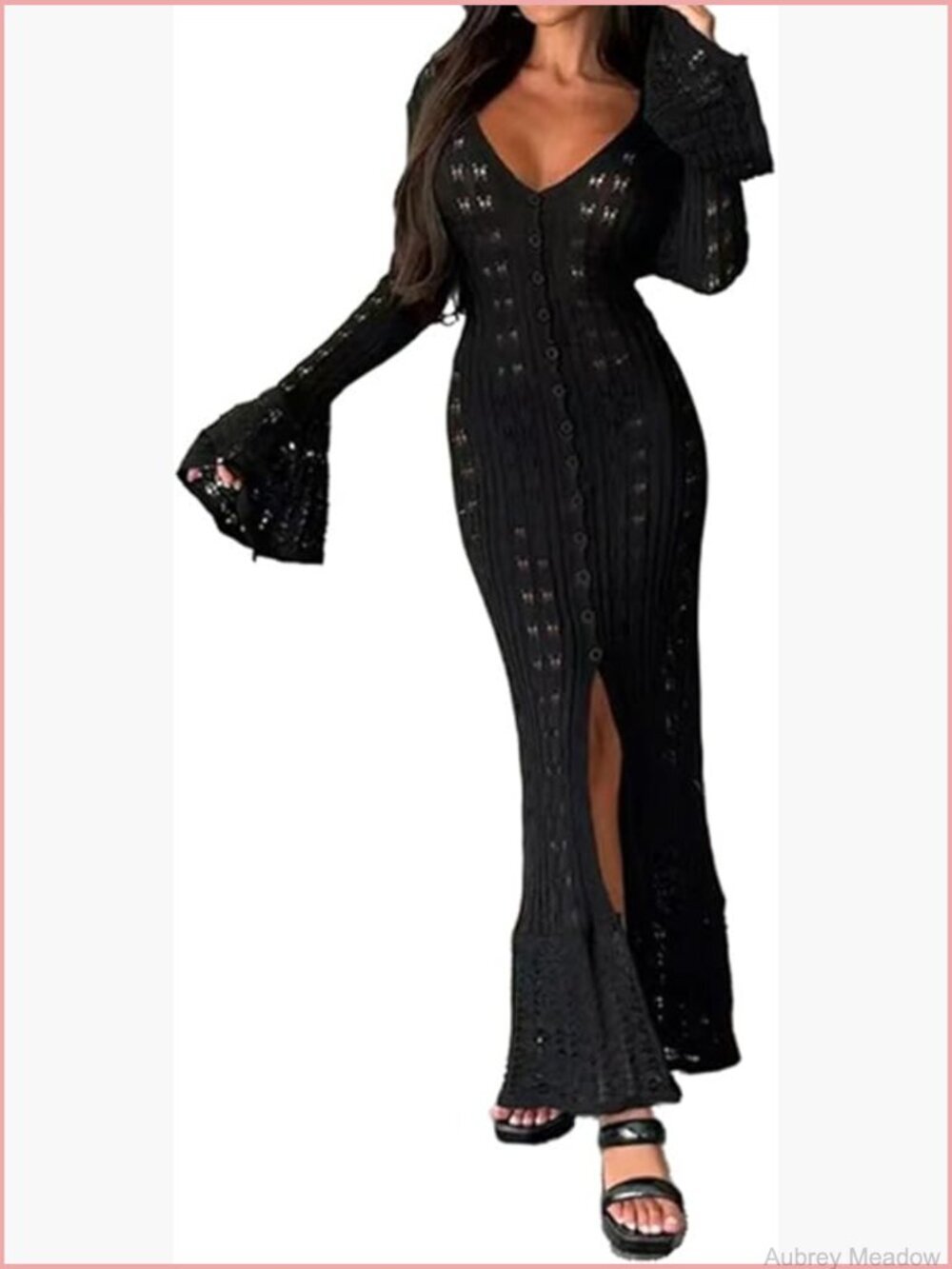 V-Neck Button Down Crochet Knit Maxi Long Cardigan Sweater